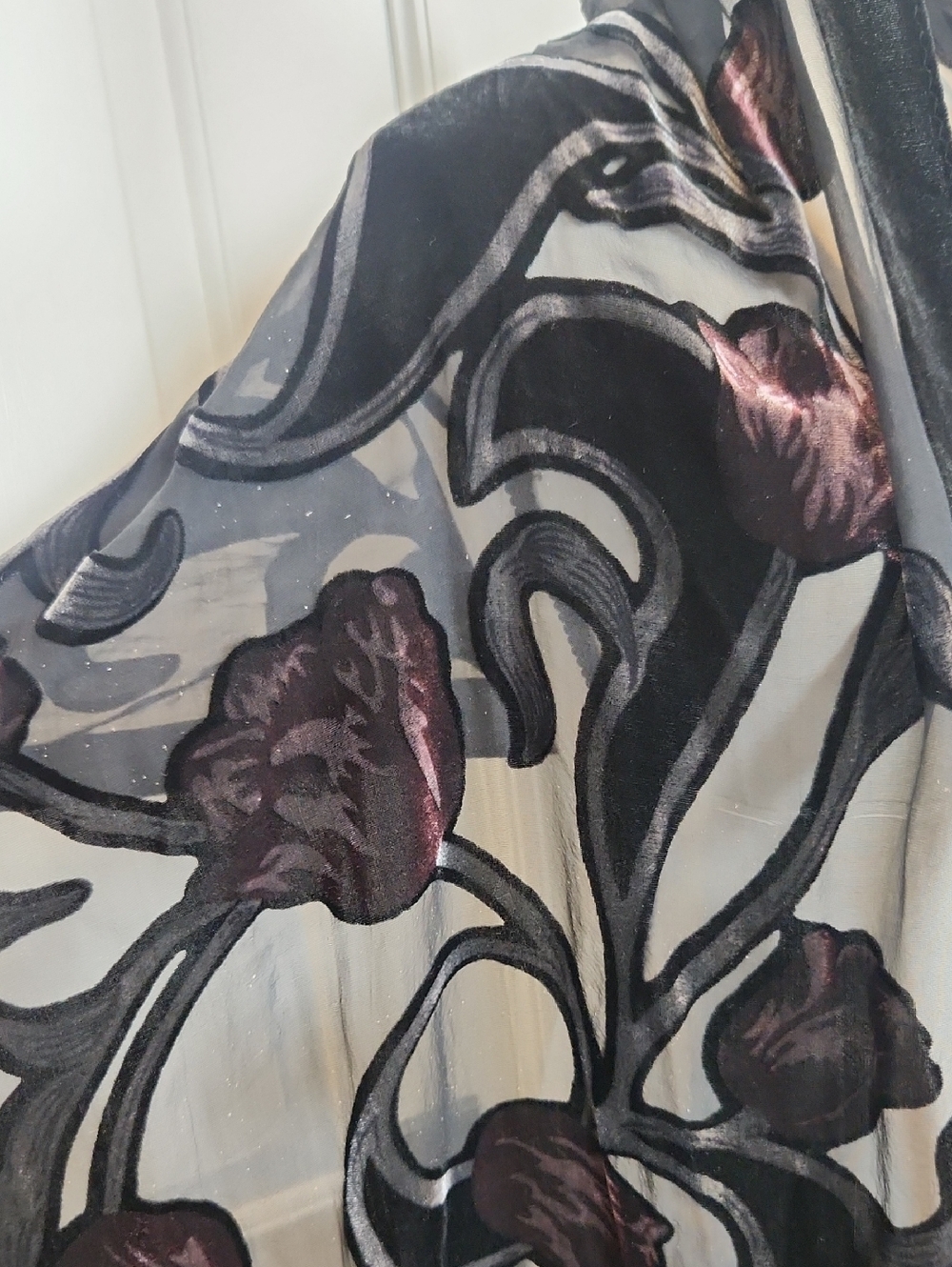 Black and Purple Velvet Burnout Floral Fringe Silk Shawl Scarf - Picture 3 of 10